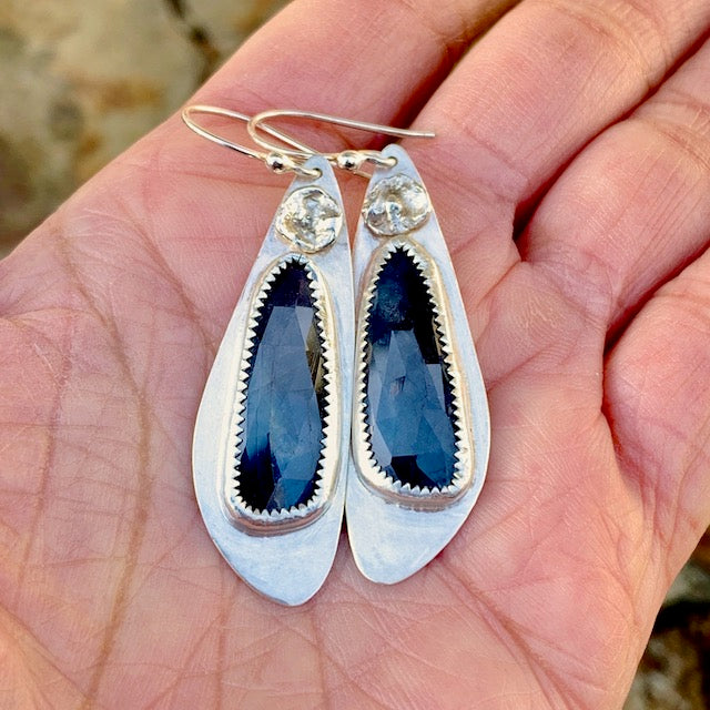 Blue Sapphire Rosecut Long Feather Earrings