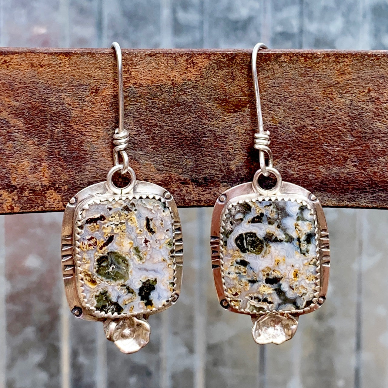 Crazy Lace Agate Square Earrings with Green Striations